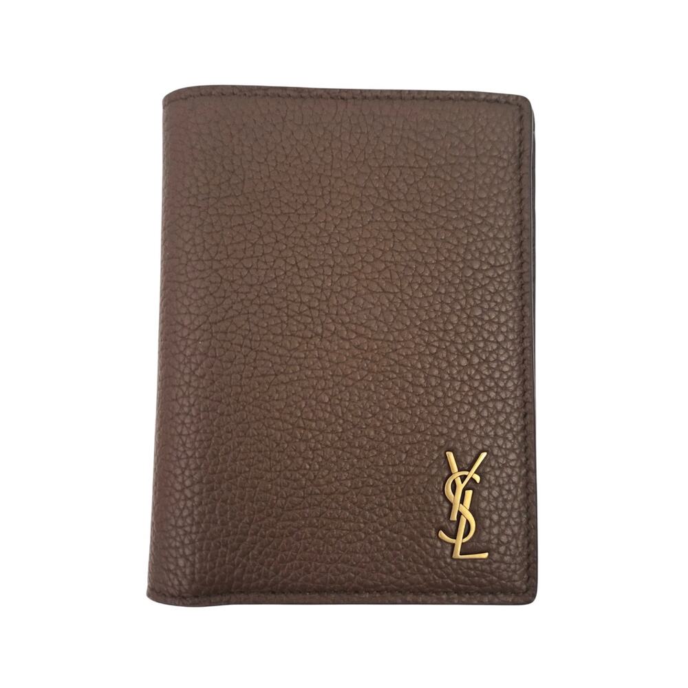 Saint Laurent Tiny Cassandre Credit Card Wallet in Grained Leather Brown